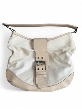 Burberry Hobo Bag – Cream Canvas & Beige Leather Trim (Read Description)